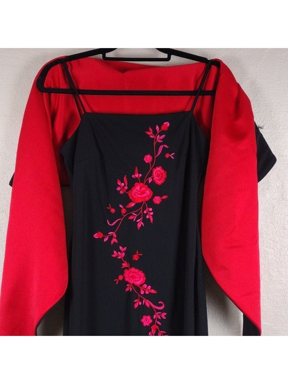 Arianna by Rachel Kaye Black Pink Embroidered Spaghetti Strap Floor Length Gown - Picture 5 of 16